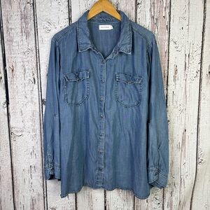 Molly & Isadora Chambray Button Down Blue‎ Shirt Plus Size 3X Roll Tab Sleeves